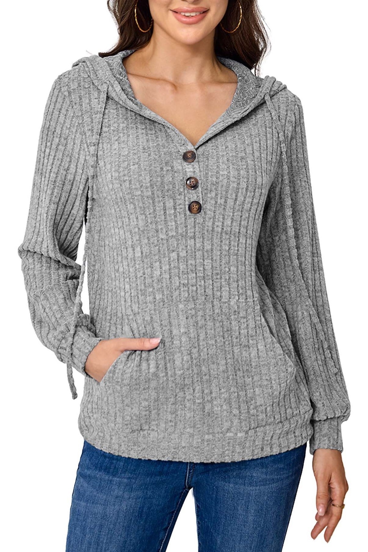 Hoodies for Woman Long Sleeve Drawstring Button V Neck Pullover Sweatshirt Hooded Tops Super Soft