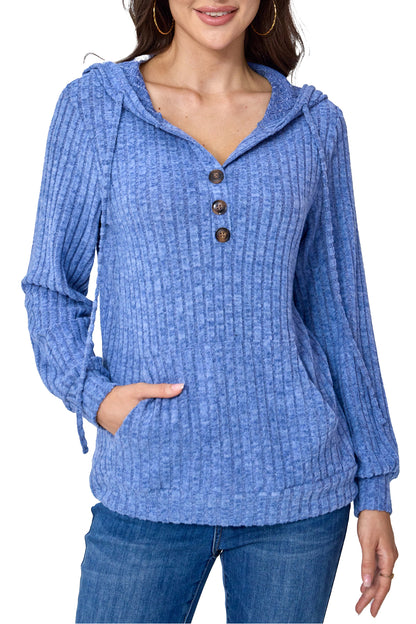 Hoodies for Woman Long Sleeve Drawstring Button V Neck Pullover Sweatshirt Hooded Tops Super Soft