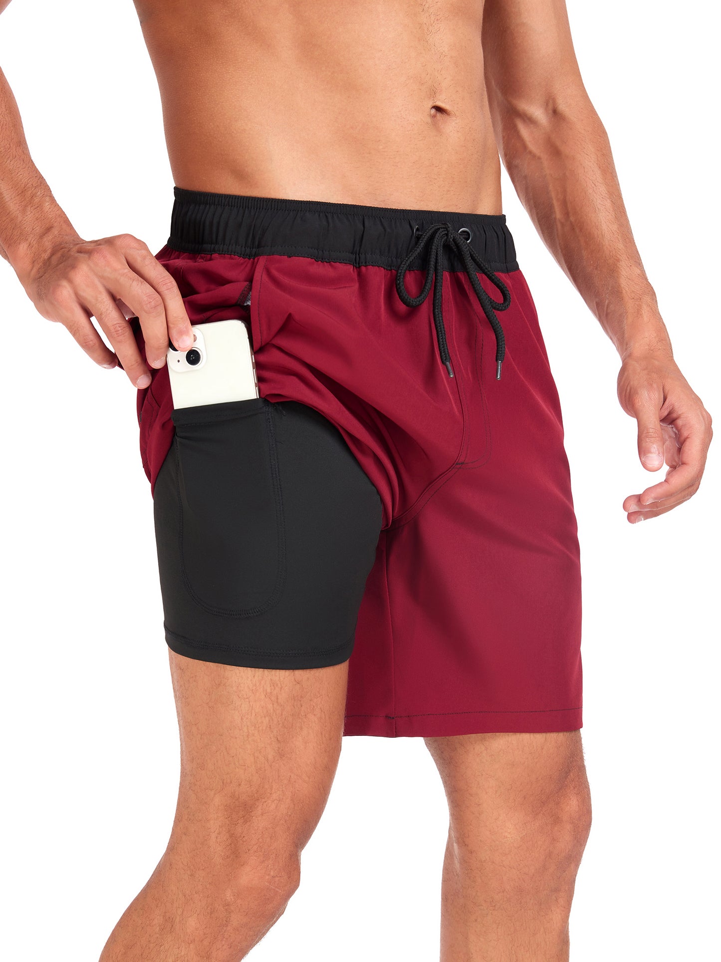 Mens Beach Shorts Quick Dry 4 Way Swim Trunks with Liner Summer Blocked Color