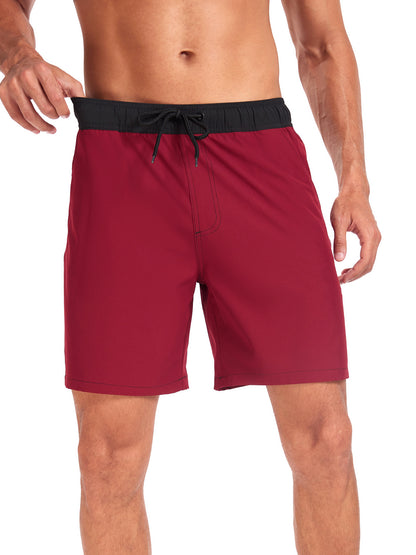 Mens Beach Shorts Quick Dry 4 Way Swim Trunks with Liner Summer Blocked Color