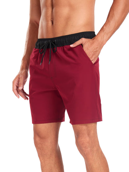 Mens Beach Shorts Quick Dry 4 Way Swim Trunks with Liner Summer Blocked Color