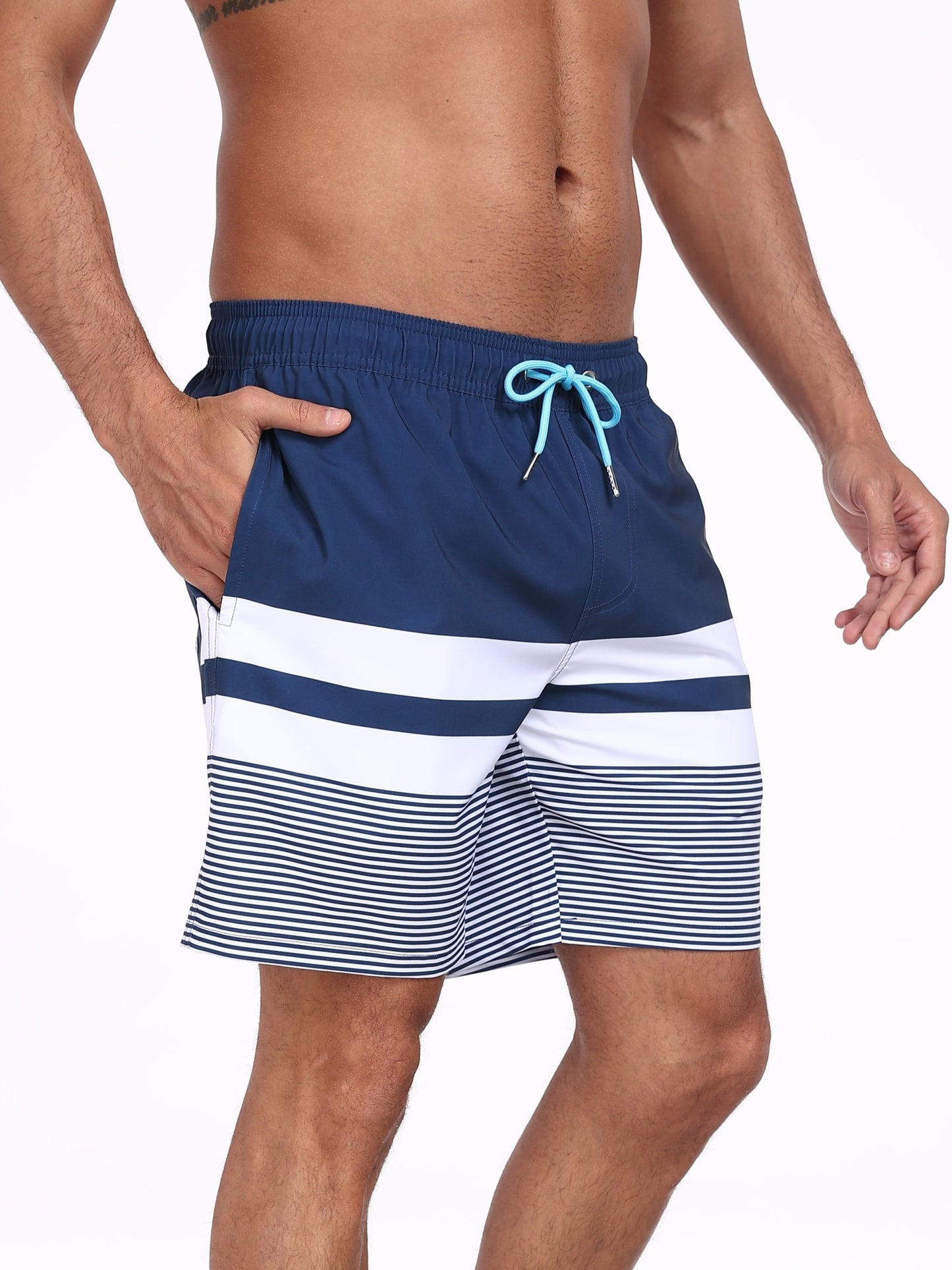 Swim Trunks for Men Beach Shorts with compressionLiner Quick Ory-White stripe