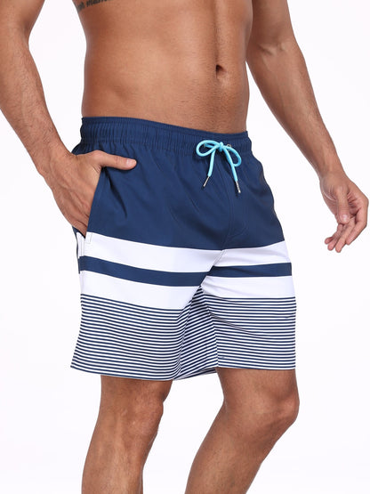 Swim Trunks for Men Beach Shorts with compressionLiner Quick Ory-White stripe