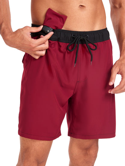 Mens Beach Shorts Quick Dry 4 Way Swim Trunks with Liner Summer Blocked Color