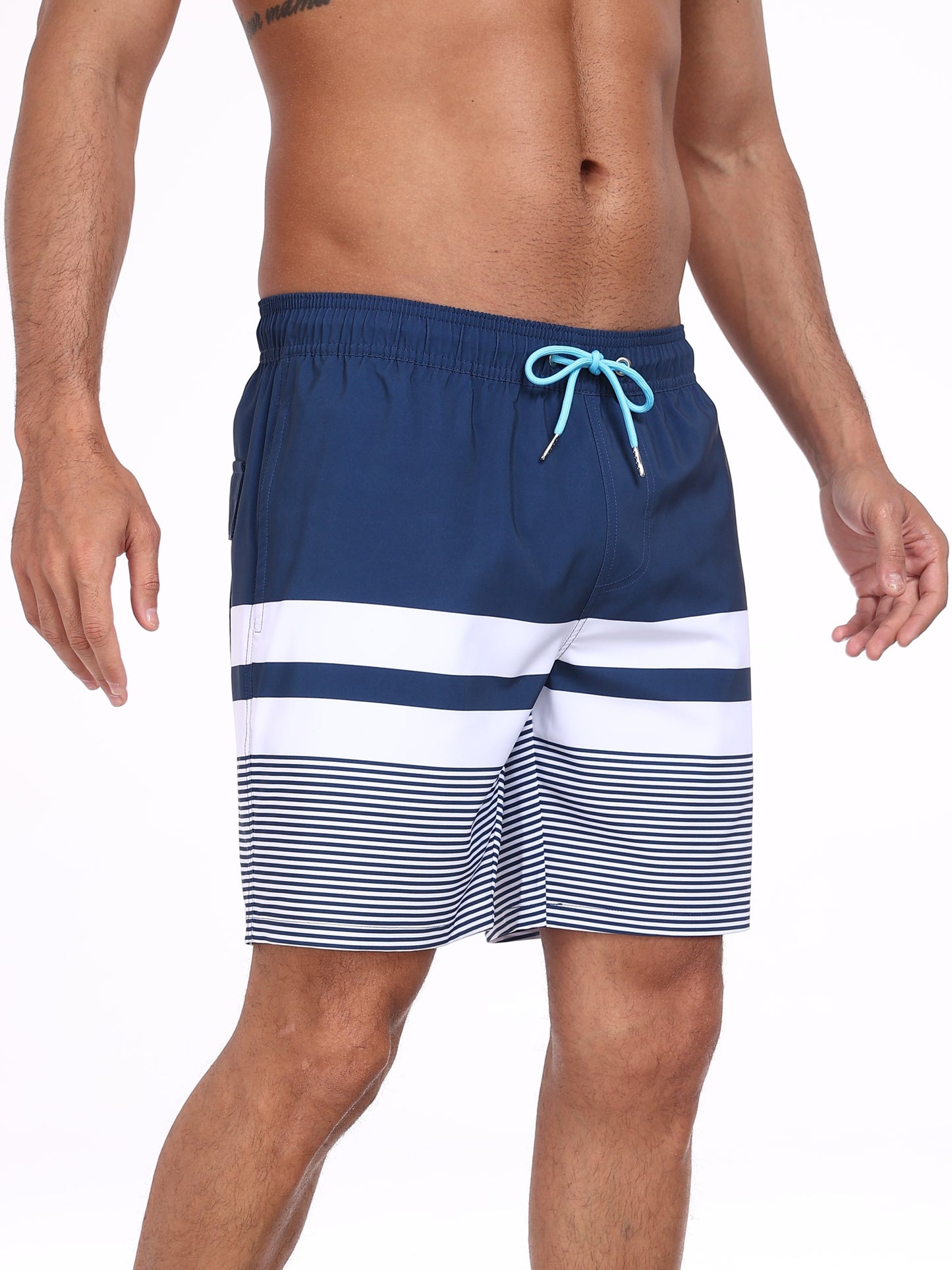 Swim Trunks for Men Beach Shorts with compressionLiner Quick Ory-White stripe