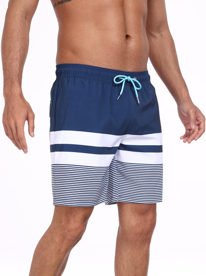 Swim Trunks for Men Beach Shorts with compressionLiner Quick Ory-White stripe