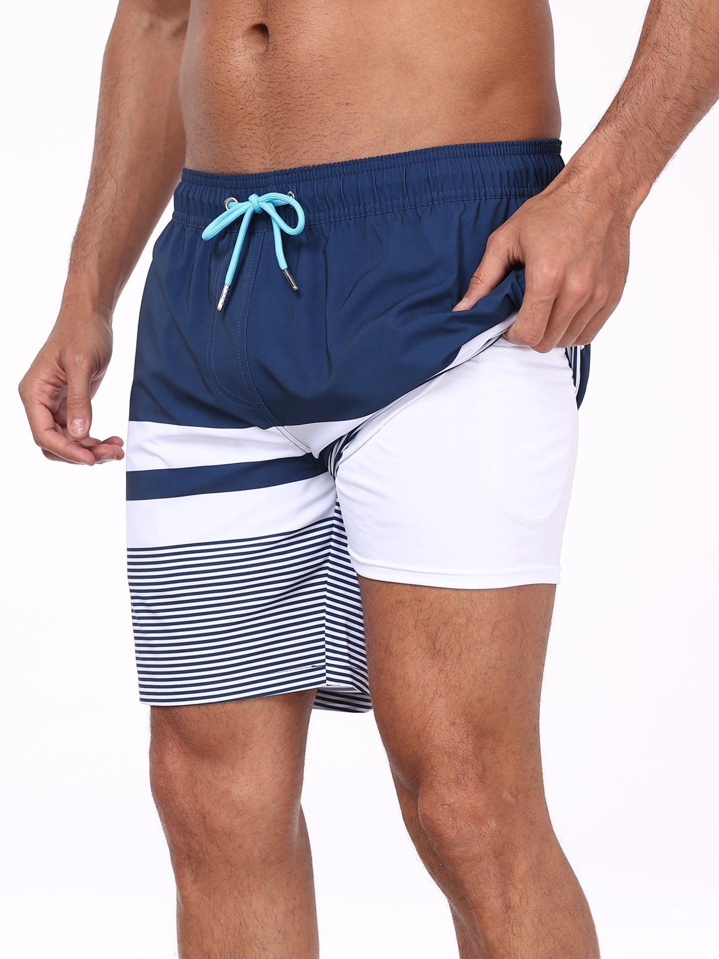 Swim Trunks for Men Beach Shorts with compressionLiner Quick Ory-White stripe