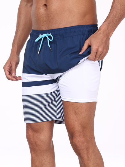 Swim Trunks for Men Beach Shorts with compressionLiner Quick Ory-White stripe