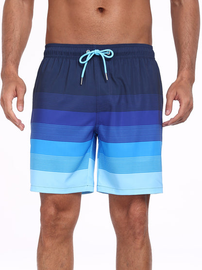 Swim Trunks for Men Beach Shorts with compressionLiner Quick Ory-White stripe
