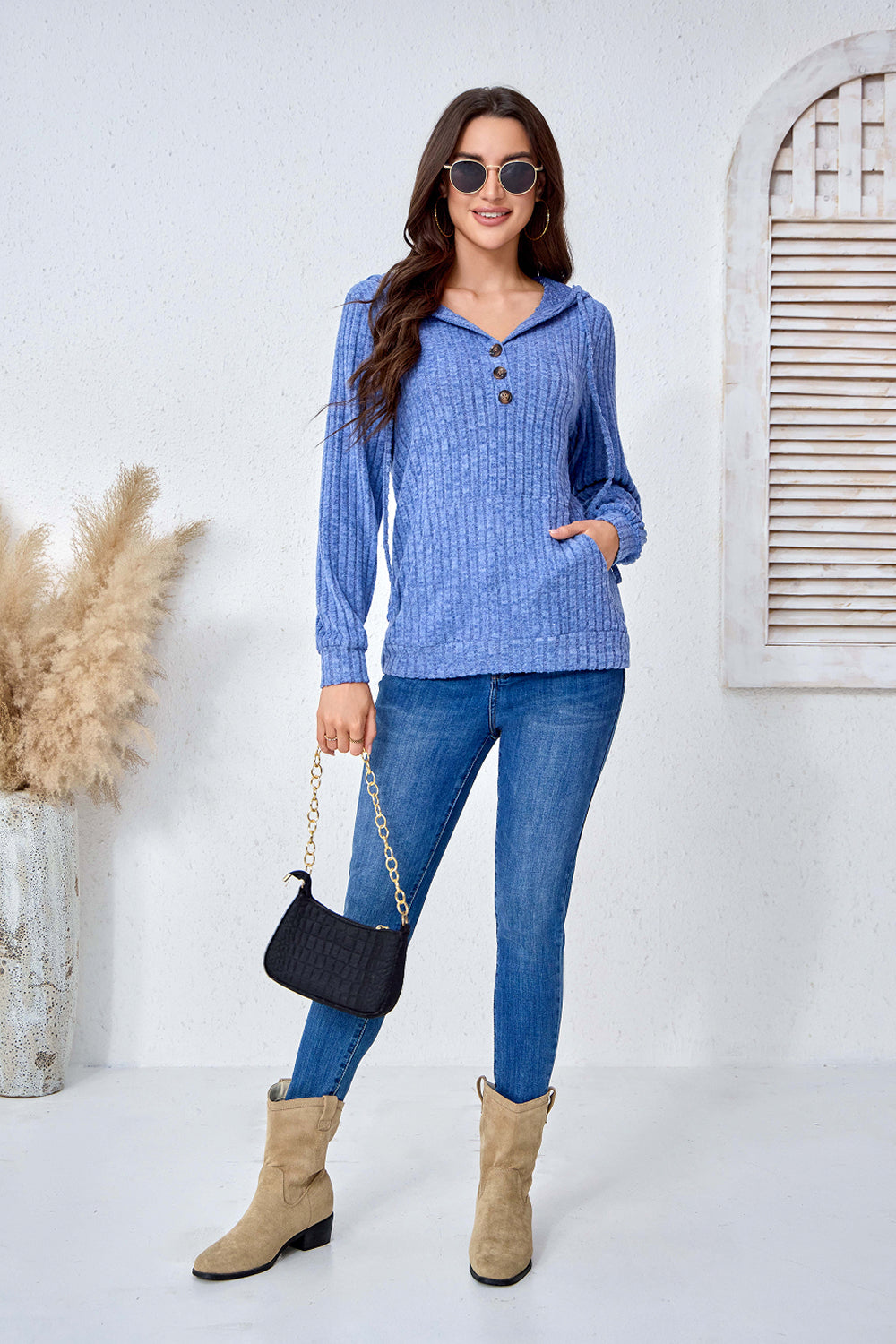 Hoodies for Woman Long Sleeve Drawstring Button V Neck Pullover Sweatshirt Hooded Tops Super Soft
