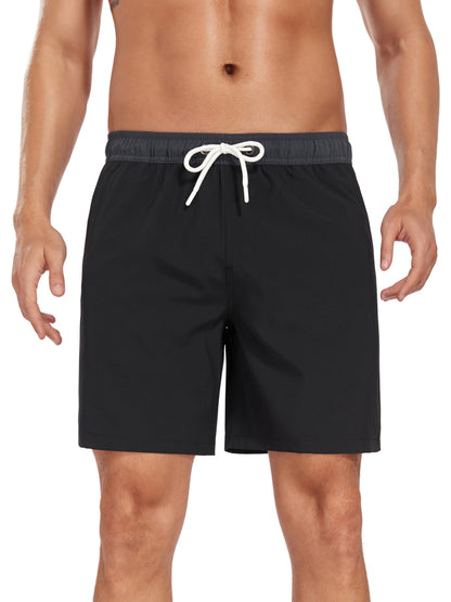 Mens Beach Shorts Quick Dry 4 Way Swim Trunks with Liner Summer Blocked Color