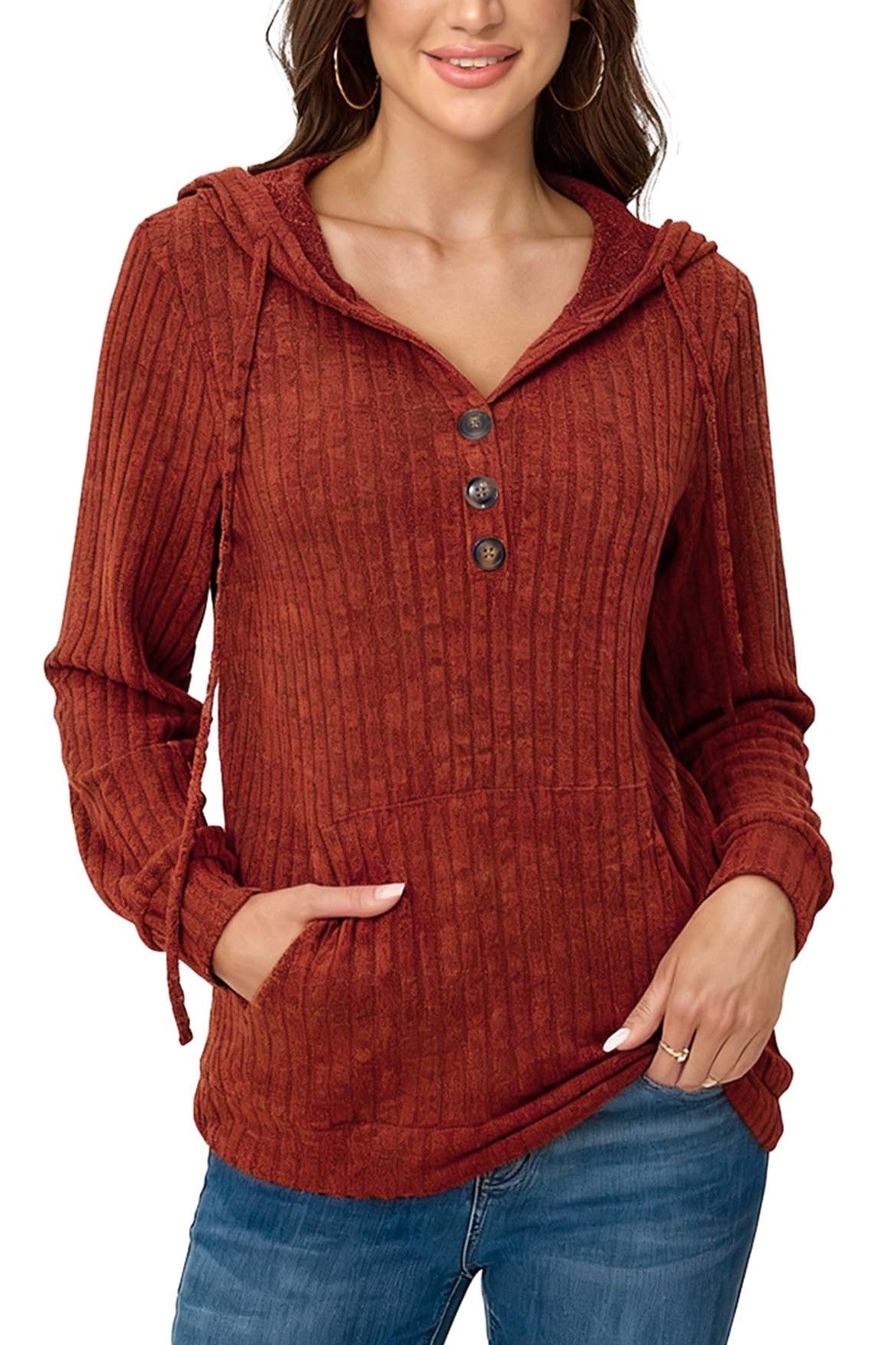 Hoodies for Woman Long Sleeve Drawstring Button V Neck Pullover Sweatshirt Hooded Tops Super Soft
