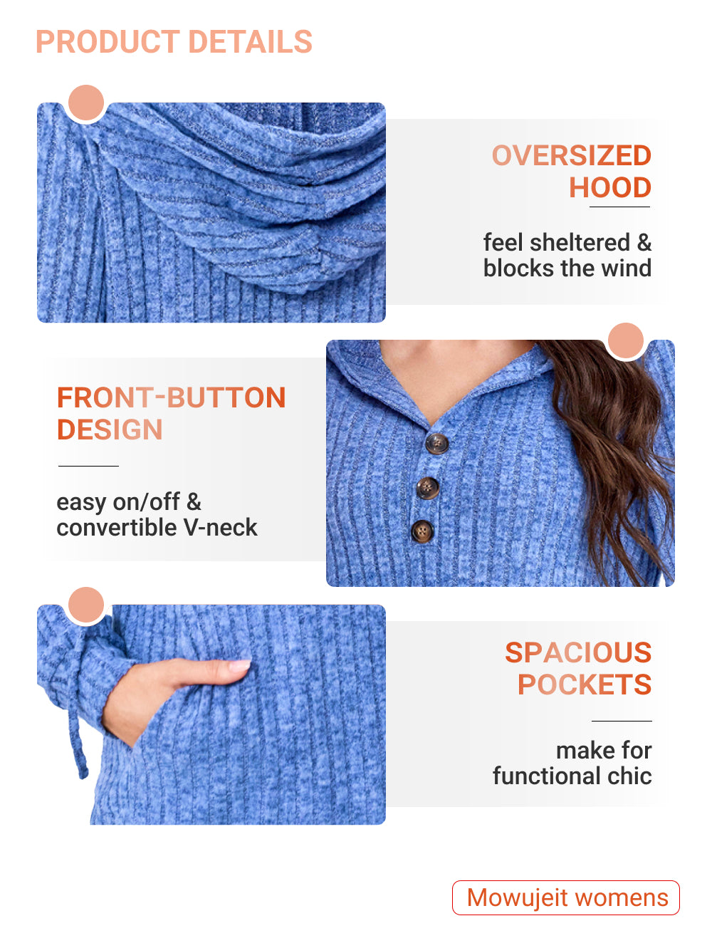 Hoodies for Woman Long Sleeve Drawstring Button V Neck Pullover Sweatshirt Hooded Tops Super Soft