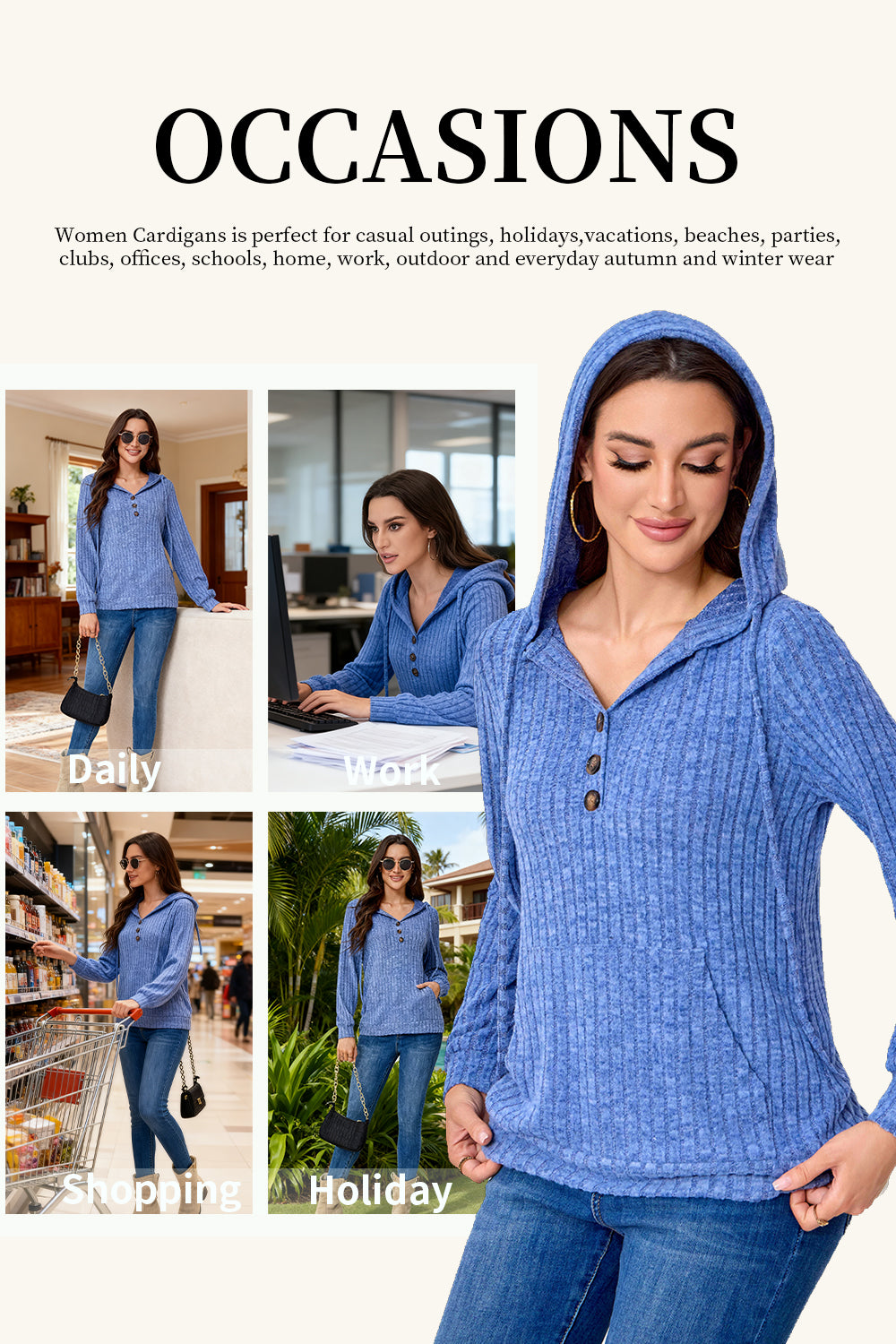 Hoodies for Woman Long Sleeve Drawstring Button V Neck Pullover Sweatshirt Hooded Tops Super Soft