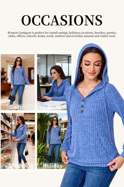 Hoodies for Woman Long Sleeve Drawstring Button V Neck Pullover Sweatshirt Hooded Tops Super Soft